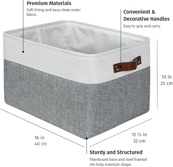 OrganiHaus Extra Large Fabric Storage Baskets for Shelves 3 Pack | 16x13in Closet Storage Bins for Shelves | Cloth Baskets for Organizing | Linen Closet Organizers | Fabric Storage Bin - Gray/White