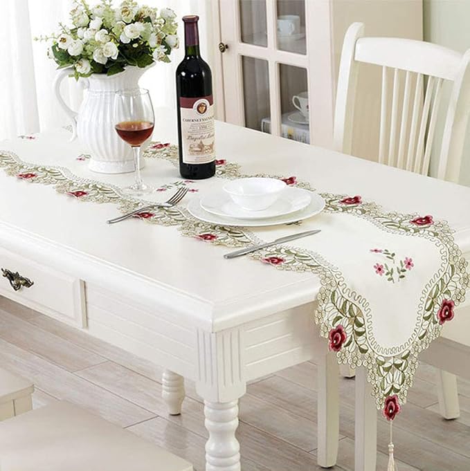 LeLehome 15" X 86" Classic Table Runner, Flowers Embroidery Lace Beige Floral - Image 6