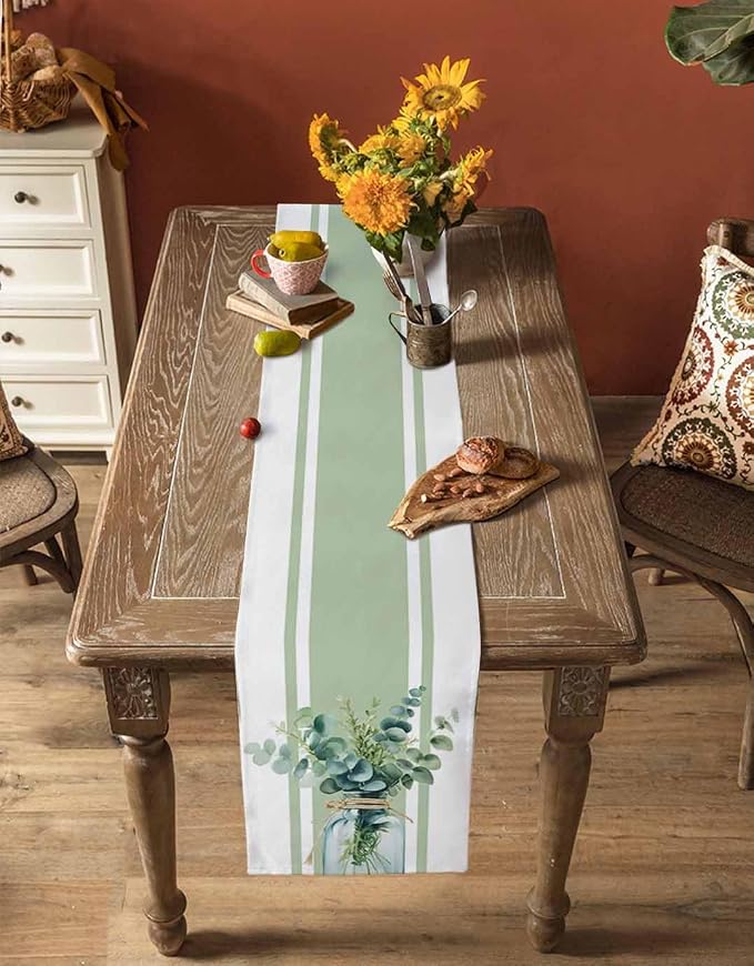 Sage Green Eucalyptus Leaves Table Runners 108 Inches Long, Farmhouse Stripe - Image 4