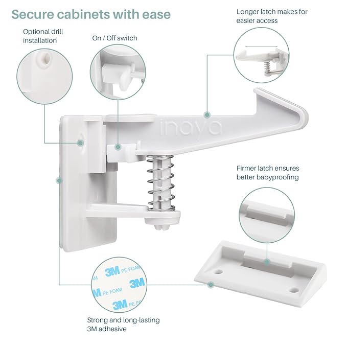 Inaya Cabinet Locks Child Safety Latches - Baby Proofing Cabinets & Drawers Locks - Child Proof Your Home - No Drilling & No Tools Required! (12 Pack - Extended Length Version)