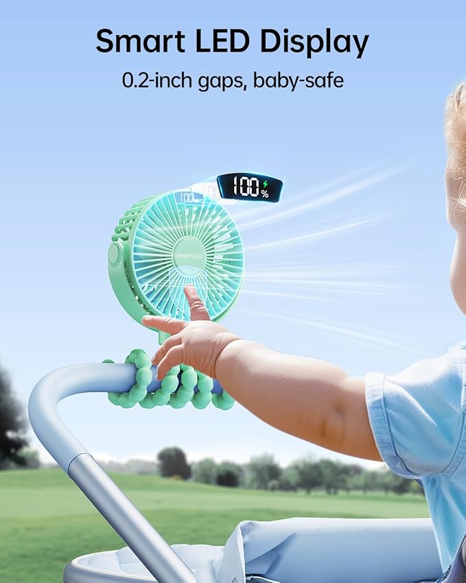 SWEETFULL Portable Stroller Fan with Display 4000mAh Battery Powered Mini Clip On Fan, 4-Speed Rechargeable Small Personal Cooling for Baby Car Seat Crib Travel - Green