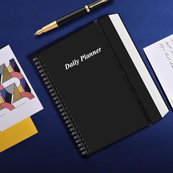 Daily Planner Undated - A4 To Do List Notebook Hourly Schedules, Spiral Appointment Planner for Women and Men,PVC Hardcover, Inner Pocket, Elastic Closure, 8.5" x 11", Black