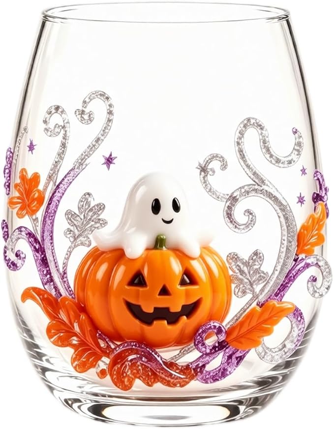 Halloween Printed Glass Cup, Ghost Pumpkin Themed Handleless Drinking Tumbler - Image 2