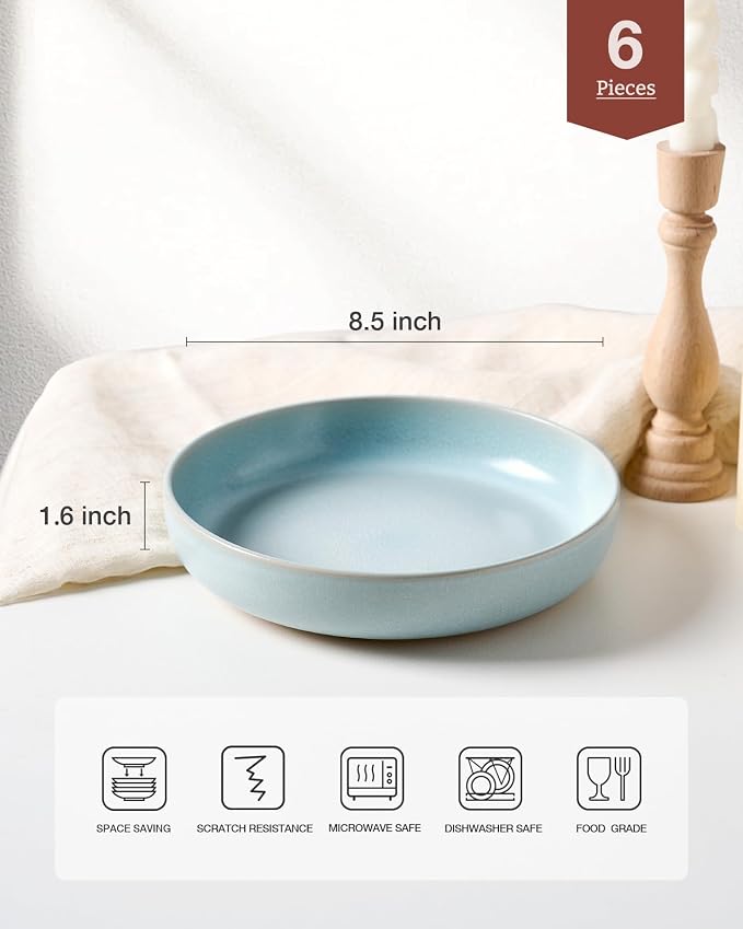 famiware Milkyway 33 oz Pasta Bowls Set of 6, Light Blue | Double Reactive Glaze - Image 2