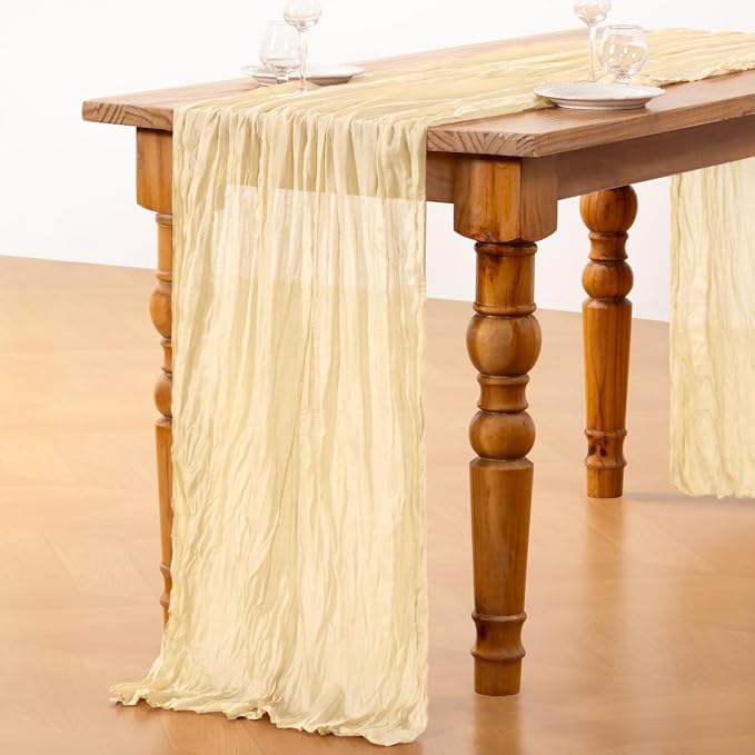 DeZerlor Beige Cheesecloth Table Runner 2 Pack Summer Table Runners 120 Inches - Image 4