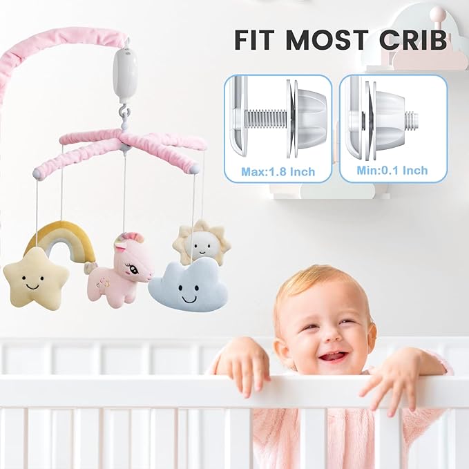 Feisike Crib Mobile for Girls - Baby Mobile for Crib with 35 Lullabies, 3 Modes Digital Musical Box（Turn Only, Music Only, Turn & Music, Pink, Nursery Toys, Nursery Decor, Knob Type