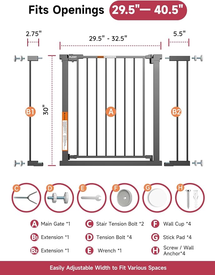 29.5-40.5" Baby Gate for Stairs, Dog Gate for Doorways, Walk Thru Auto Close Metal Baby Safety Gate for The House, Stairs and Doorways, Child Gate Pressure Mounted, Pet Gate for Dog Indoor - Black