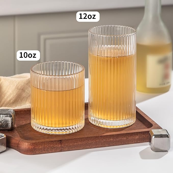 Ribbed Drinking Glasses 4pcs, 12oz and 10oz Glassware, Tumbler Glasses Cup Set - Image 7