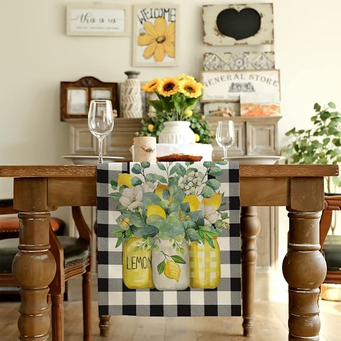 Black Buffalo Check Summer Table Runner 13 x 48 Inch, Lemon Vase Spring - Image 2