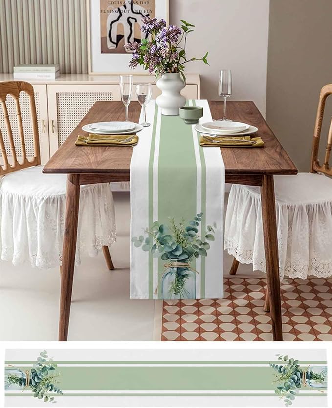 Sage Green Eucalyptus Leaves Table Runners 60 Inches Long, Farmhouse Stripe - Image 6