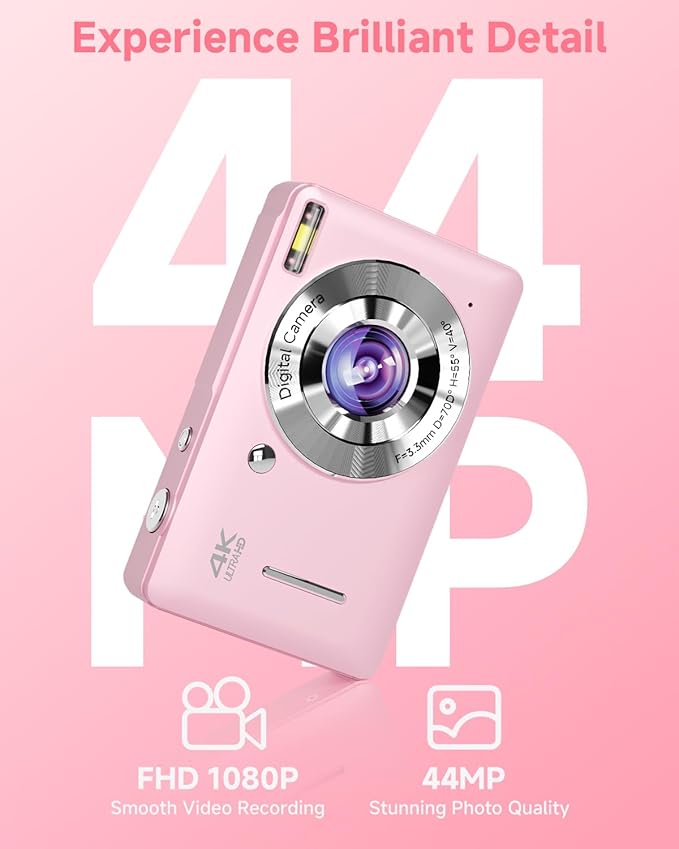 Digital Camera, 44MP FHD 1080P, 16X Zoom, 32GB SD Card, Compact Camera for Kids Teens Adults, Pink