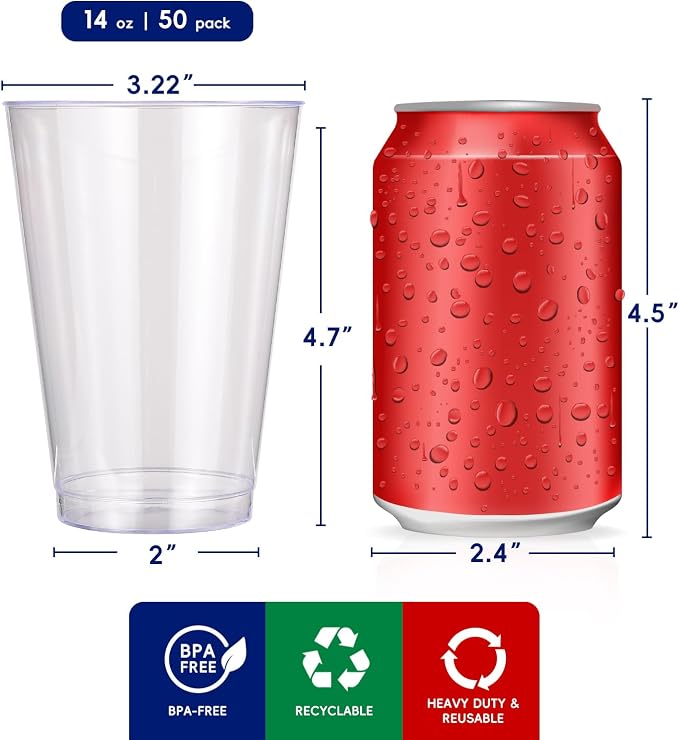 JOLLY CHEF 14 oz Clear Plastic Cups, 50 Pack Heavy-duty Party Glasses, - Image 3