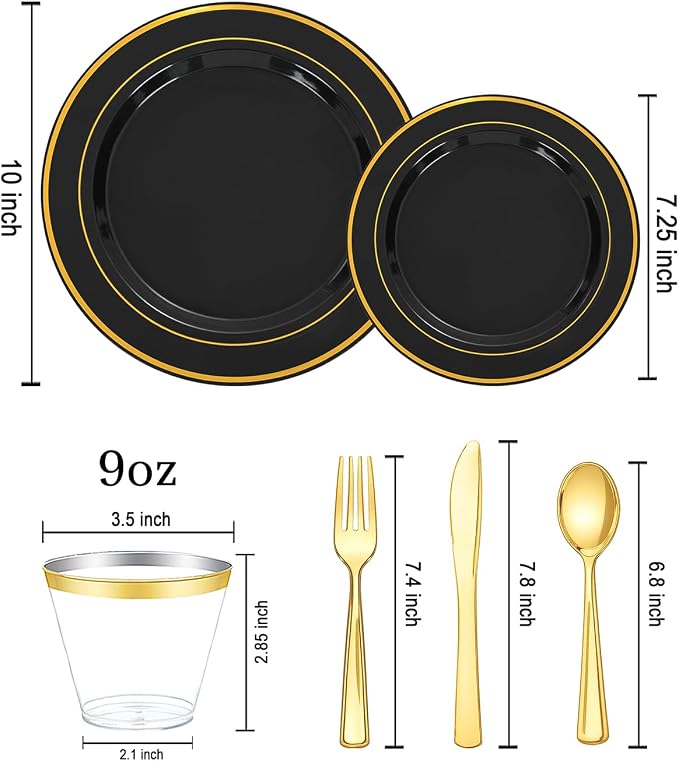 bUCLA 600PCS Black and Gold Disposable Dinnerware Set - Image 2