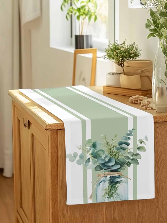 Sage Green Eucalyptus Leaves Table Runners 120 Inches Long, Farmhouse Stripe - Image 7