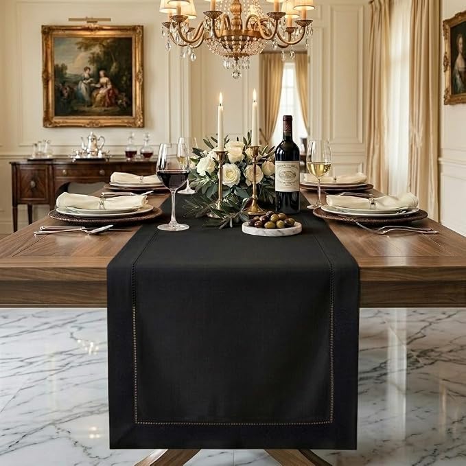 Signature Linen™ by D'Moksha Black Table Runner 120 Inches Long, 100% Pure Linen by DMokshaHomes
