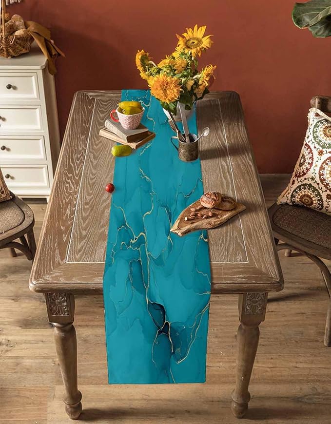 Teal Marble Table Runners 90 Inches Long, Turquoise Marble Crack Table Runner - Image 4