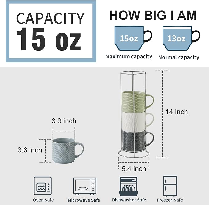 HASENSE Coffee Mugs with Metal Stand, 15 oz Ceramic Stackable Mug Set Embossed - Image 2