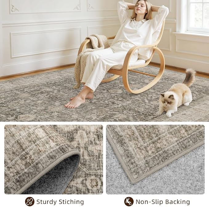 8x10 Area Rugs for Living Room: Vintage Boho Neutral Washable Rug Indoor Soft - Image 4