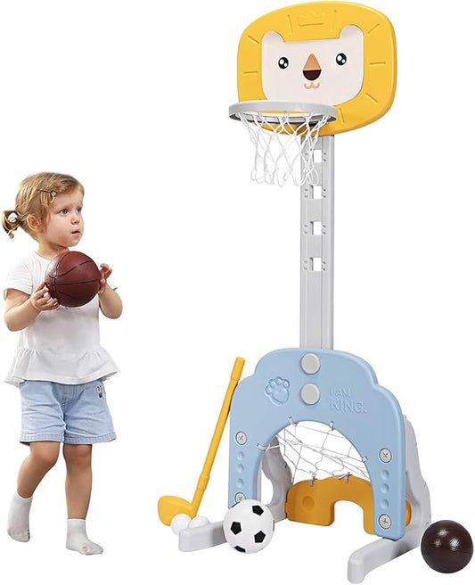 Costzon Kids Basketball Hoop, Toddler Sports Activity Center w/ 5 Adjustable Height Levels, Basketball Soccer Golf Game Set, Indoor Outdoor Basketball Hoop Set Gift for Baby Infant