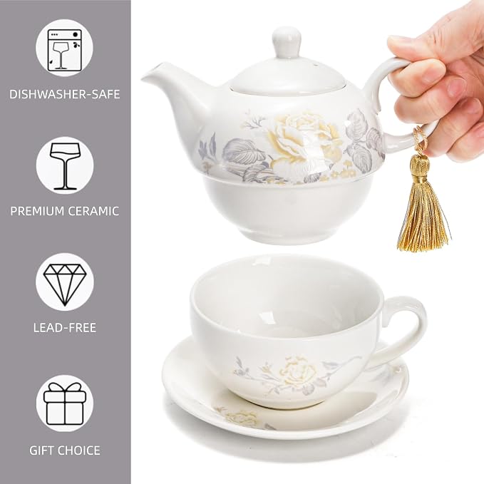 Tea for One Set, Porcelain Floral Teapot Cup Saucer Set | Vintage Bone China - Image 3