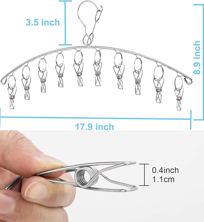 DurReus Windproof Laundry Hanger with 10 Clips Stainless Steel Clothes Drying Rack Outdoor Underwear Socks Herb Dryer Pack 2