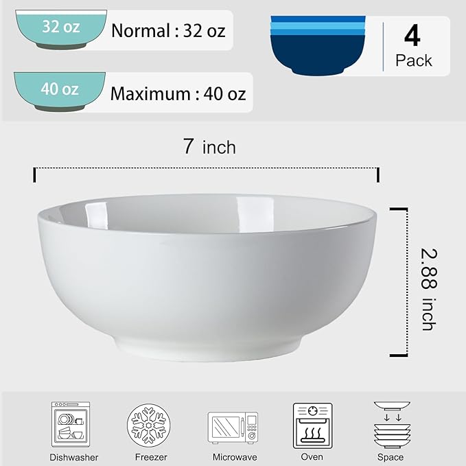 40 oz Large Soup Bowl, Pho Bowls, 7-Inch Off-White Porcelain Bowls Set of 4 - Image 2