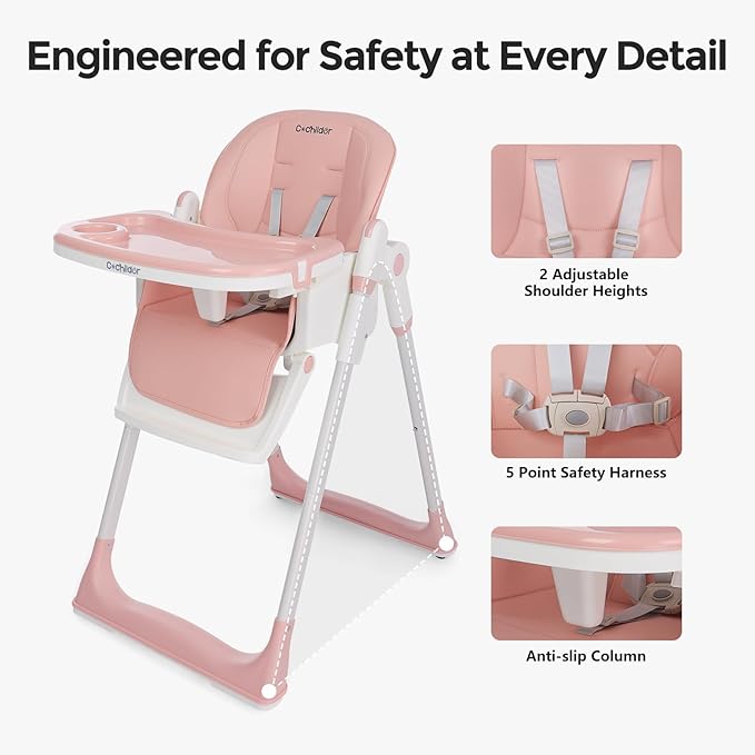 3-in-1 Foldable High Chair for Babies & Toddlers – Adjustable Height, Reclining Seat, 5-Point Safety Harness, Removable Tray, Lockable Wheels, Washable Cushion – Portable & Easy Clean, Pink