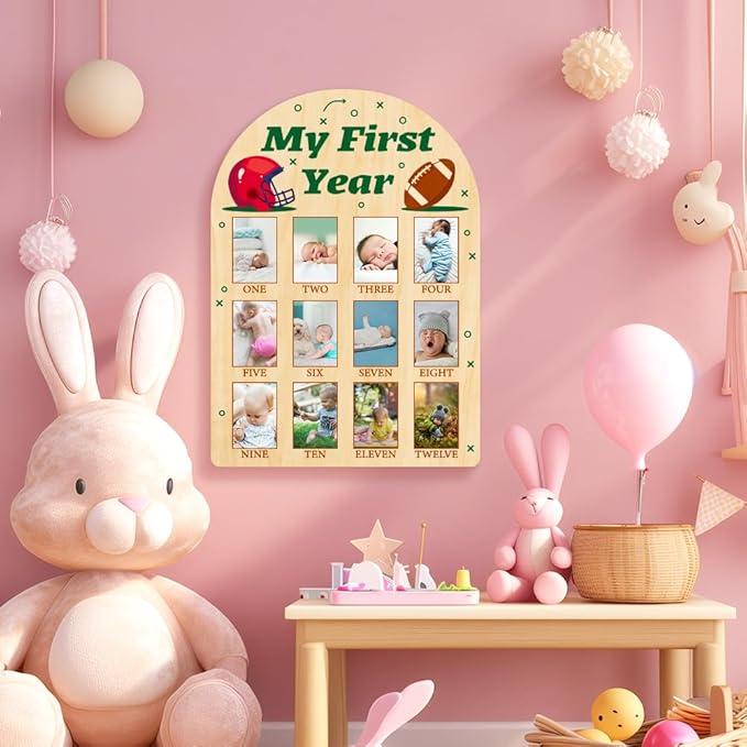 ORIGACH My First Year Baby Growth Photo Display Wood Board - 12 Months Newborn Milestones Photo Board - Neutral Baby Keepsake Frame 1st Birthday Party Nursery Decor New Mom Gift - Football
