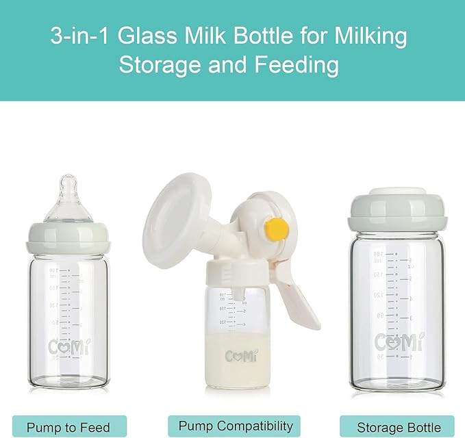 COMI Wide Neck Glass Breastmilk Collection n Storage Bottle, 6oz with Screw Ring Sealing Disk; Re-markable Sealing Disc. BPA Free, Fits Breast Pumps & Nipples (Pink Lids)