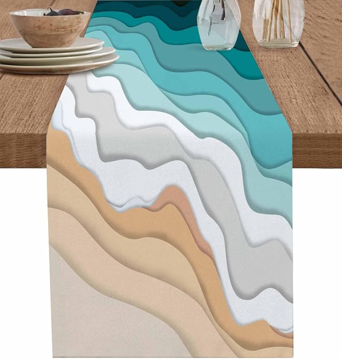 Turquoise Geometric Beach Table Runners 108 Inches Long, Cotton Linen Fabric by Edwiinsa