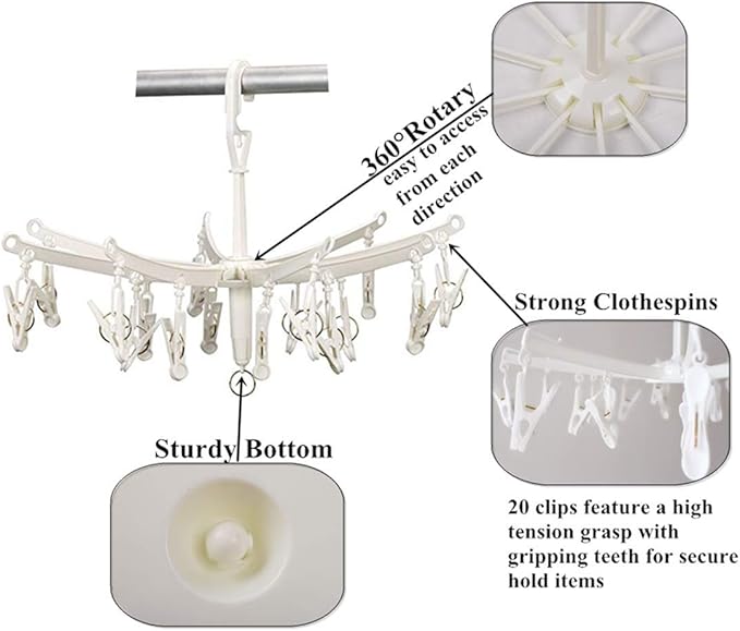 DurReus Foldable Clip Drip Laundry Hanger Portable Plastic Hanging Dryer with 20 Clips for Drying Cloth Diapers,Baby Clothes,Bras,Underwear,Hat,Gloves,Socks