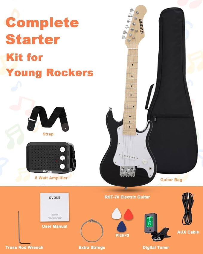 30 Inch Kids Electric Guitar Kit Beginner Complete Bundle with Smooth Fingerboard, Lightweight Design for Child, 5W Practice Amp, Gig Bag, Tuner, Strap, Cable, Picks, Extra Strings, RST-70 Black