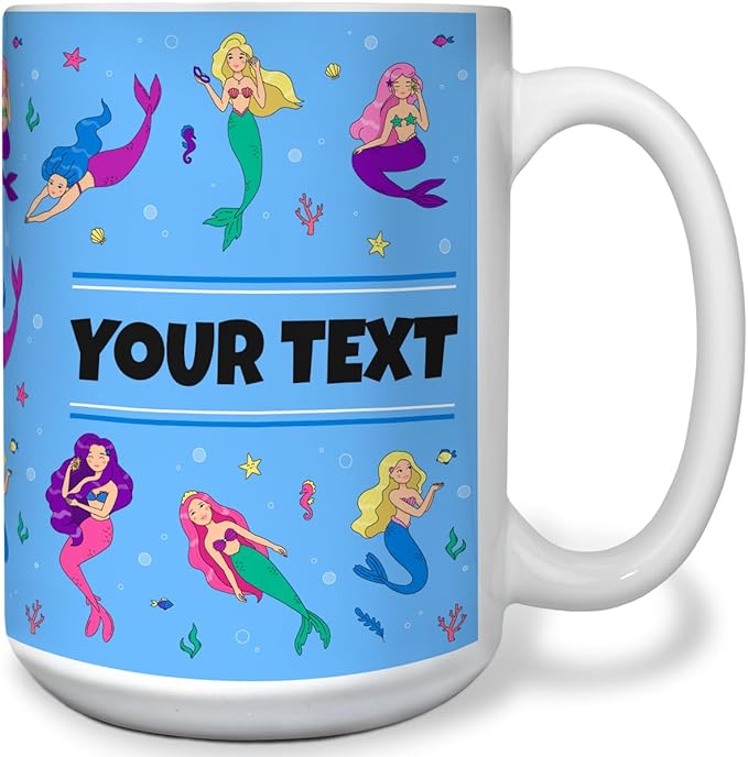 Personalized Mug for Kids - Mermaids - Custom Name/Text, Ceramic Hot Chocolate/Cocoa/Coffee Cup for Girls, Birthday/Christmas/Holiday Gift - 15 oz, White Handle