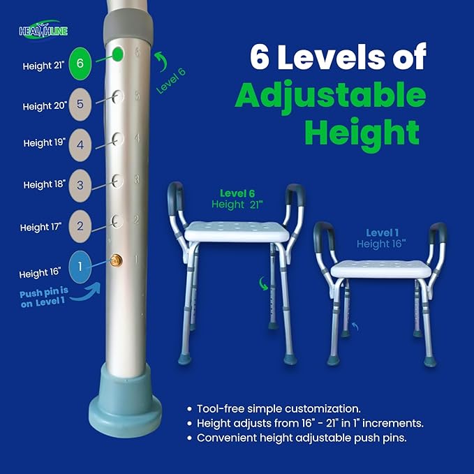 HEALTHLINE Adjustable Shower Bench with Arms – Lightweight Bath Seat with Padded Handles, Height 15"–20", White Plastic Seat with Drainage Holes, for Balance Assistance in Shower/Tub, 300 lb Capacity