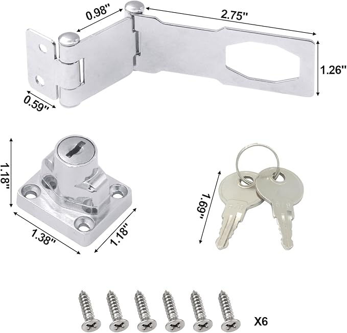 KIBBEH 1 Pack Door Lock Hasp Latchs, Collapsible Solid 304 Stainless Steel File Cabinet Lock Desk Drawer Lock, for 90 Degree and 180 Degree Drawers, Dabinets, Doors, Flip Barn Door (Universal Key)