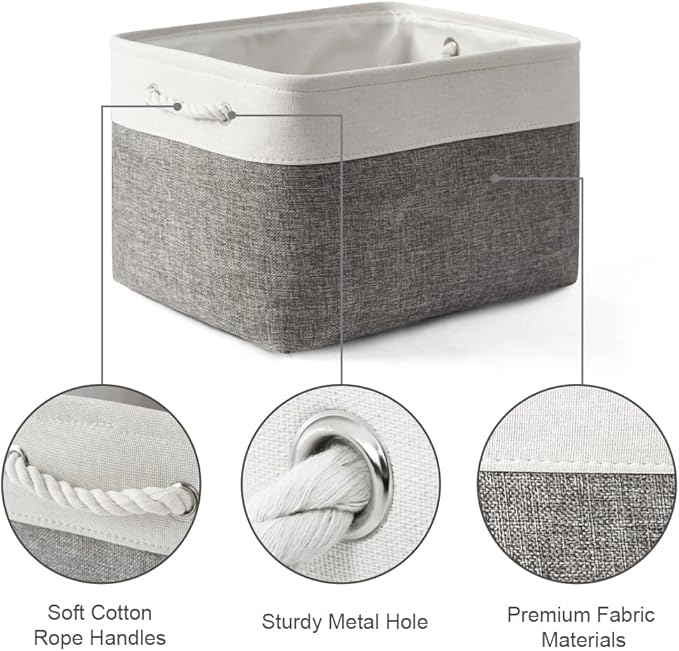 Storage Basket for Shelves - 17X15X12 inch 2 Pack Fabric Cube Storage Bin Collapsible Baskets for Organizing with Rope, Storage Box for Cloth Decorative (White & Grey)