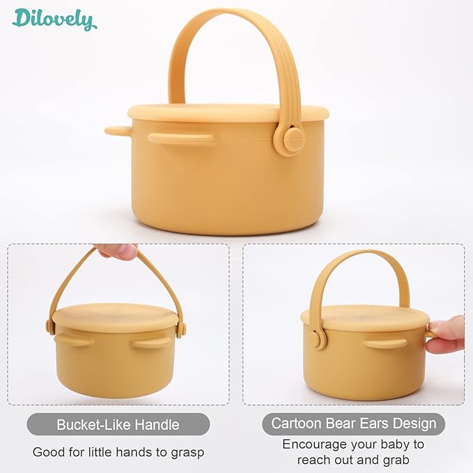 Snack Cups for Toddlers, Baby Snack Containers, Silicone Toddler Snack Cups No Spill, Food Catcher with Lid & Bucket-like Handle, BPA Free & Dishwasher Safe, 9 Ounce Mustard