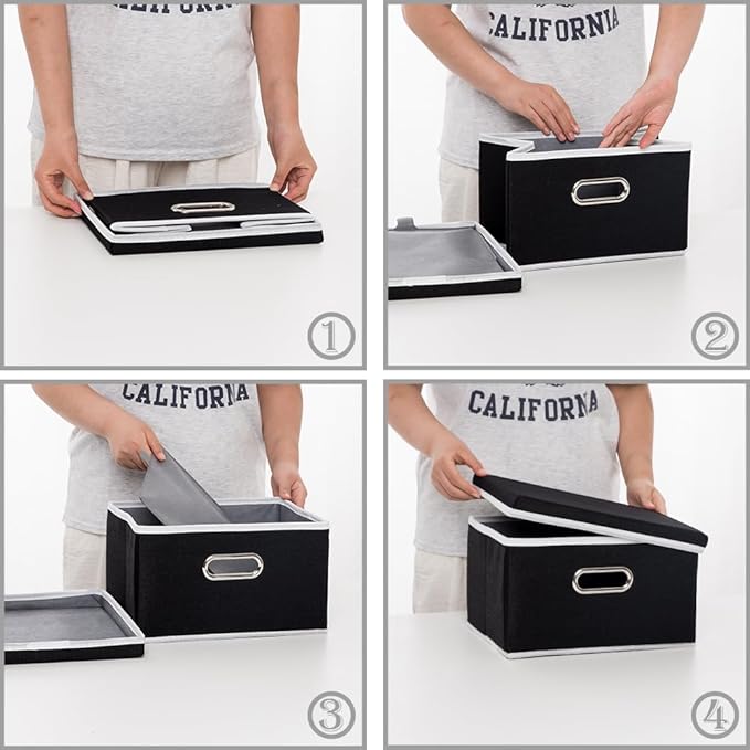 PRANDOM Storage Boxes with Lids [3-Pack] Fabric Collapsible Storage Bins Organizer Containers Baskets Cube with Cover for Home Bedroom Closet Office Nursery Black（11.4X8.6X6.7