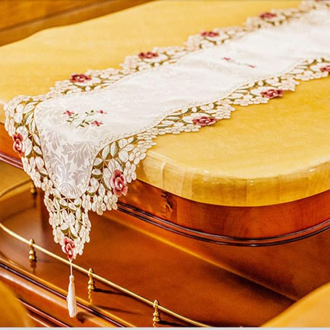 LeLehome 15 Inch X 69 Inch Classic Table Runner, Lace Flowers Embroidered Beige - Image 8
