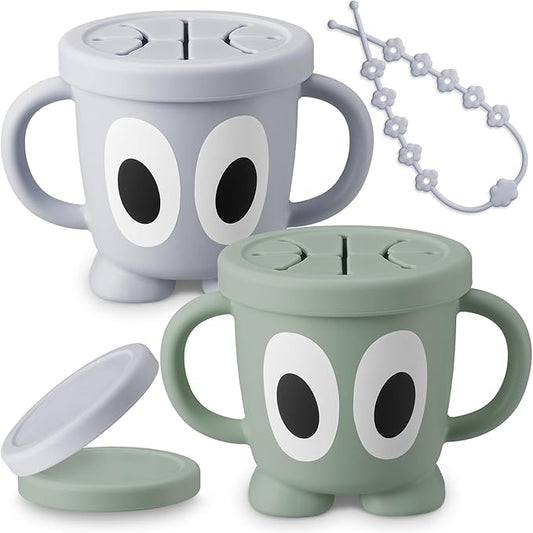 Silicone Snack Cups Food Container for Toddlers and Babies, Spill Proof Training Cup with Snack Cup Lid & Dust Proof Lid, Comes with a toy strap, Without BPA, Lead, or Phthalates (Sage & Gray)