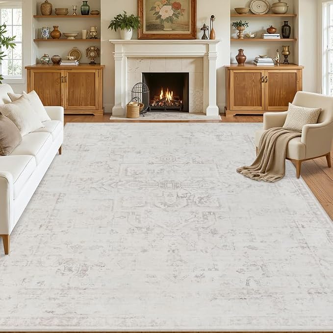 Area Rugs 9x12 Living Room: Vintage Boho Neutral Washable Rug Indoor Soft Large by Luxturiy