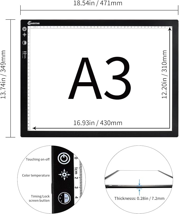 Light Box Drawing Pad A3, Dimmable 3 Brightness and Colour Temperature with Type-C Charge Cable and Brightness Adjustable for Artists, AnimationDrawing, Sketching, Animation, X-ray Viewing (A3-STK)