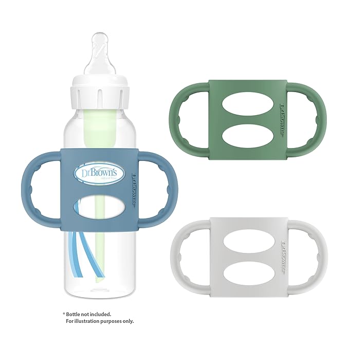 Dr. Brown's Narrow Baby Bottle Handles, 100% Silicone, Easy Grip Removable Handles for Bottle to Sippy Cup Transition, Blue/Gray/Green, 3-Pack, 4m+