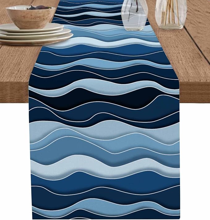 Abstract Blue Moire Table Runners 120 Inches Long, Cotton Linen Fabric Table by Edwiinsa