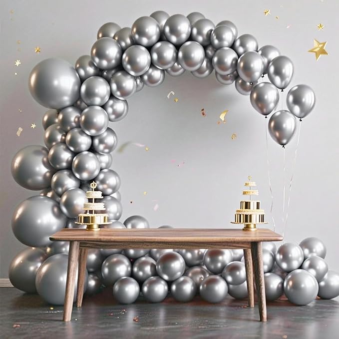 140pcs Metallic Silver Round Balloons Different Sizes 18 12 10 5 Inch Latex Balloons for Arch Decoration Party Balloon Kit for Graduation Birthday Party Wedding Balloon Baby Shower Decoration