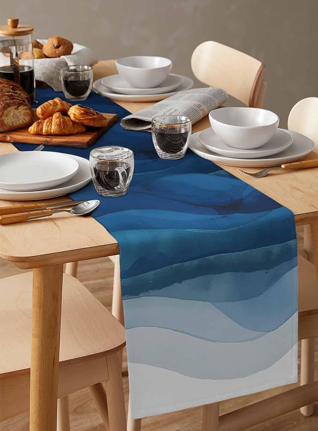 Navy Blue Ombre Table Runners 90 Inches Long, Abstract Modern Stripe Table - Image 3