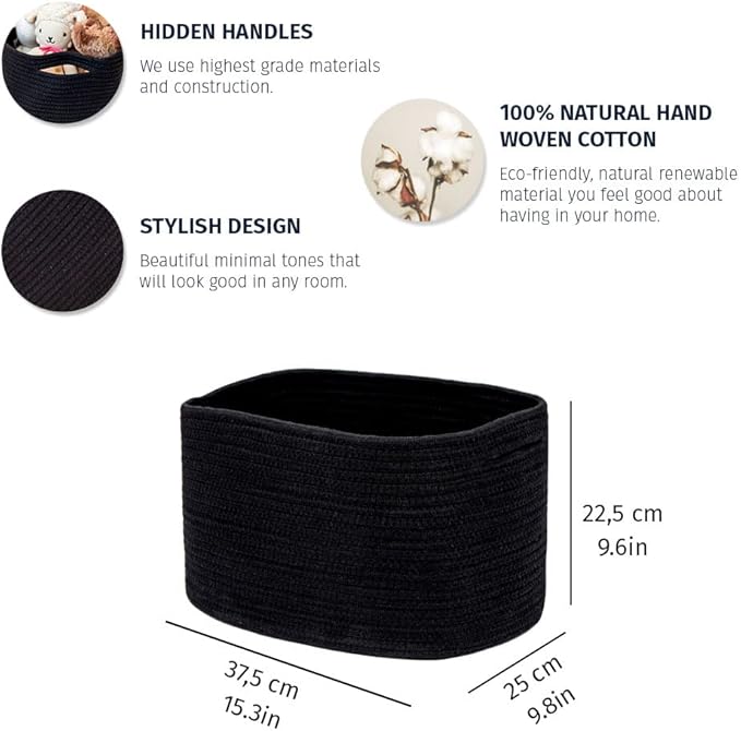 OrganiHaus Set of 3 Black Baskets for Shelves, Woven Baskets for Organizing, Cute Black Storage Basket for Toys & Cloths, Cotton Rope Basket for Decor, Shoe Baskets, Storage Baskets for Shelves