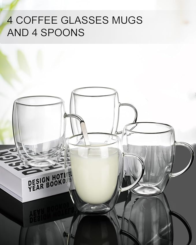 LIBWYS 4 Pack Double Walled Coffee Cups Glasses Mug 12oz Borosilicate Glass | - Image 2
