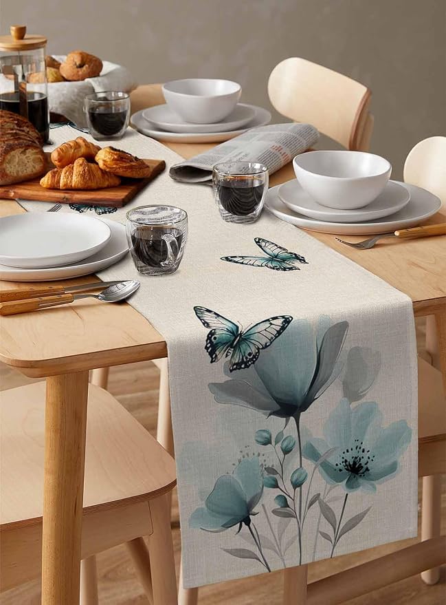 Turquoise Floral Table Runners 108 Inches Long, Spring Flowers Butterfly Table - Image 3
