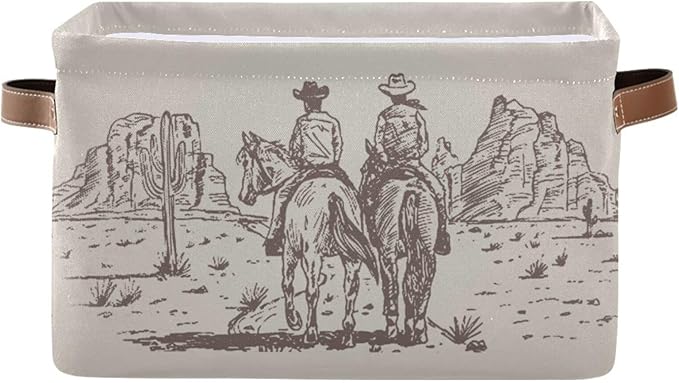 Western Desert Cowboy Storage Basket Cube Storage Bins Organizer Bag Collapsible Closet Shelf Baskets with handle for Baby Cloth Pet Toy Book 14.2×10.2×8.3 IN